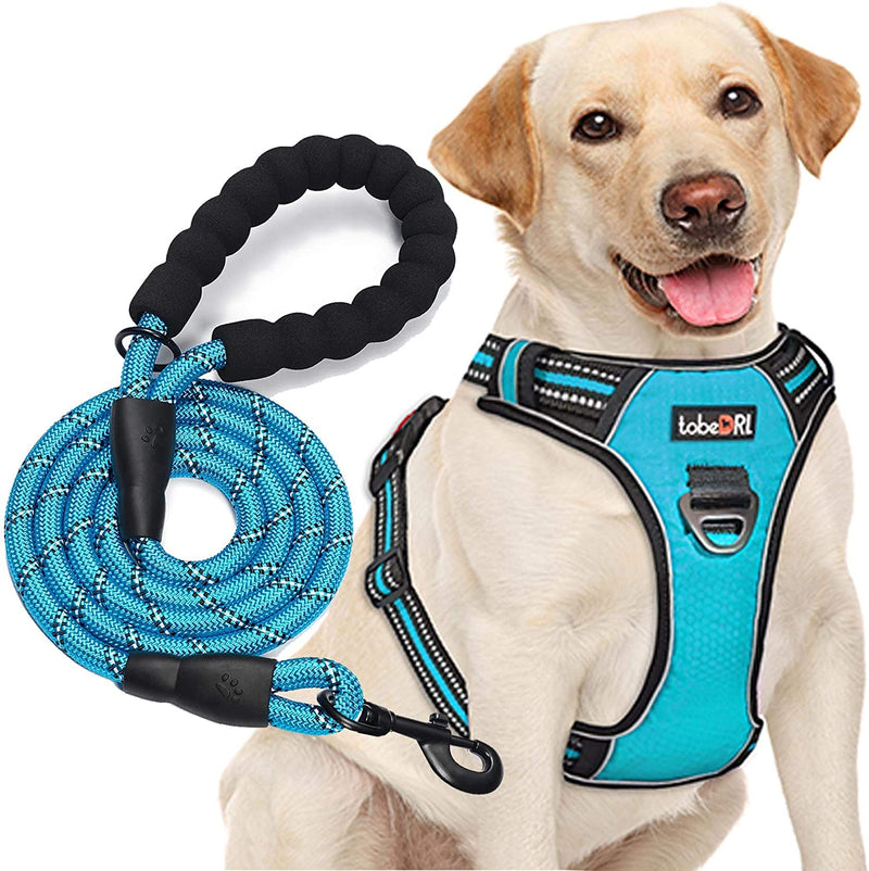 Arnés para Perros Grandes Reflectante — Antitirones, Azul, Talla L + Correa 5Ft