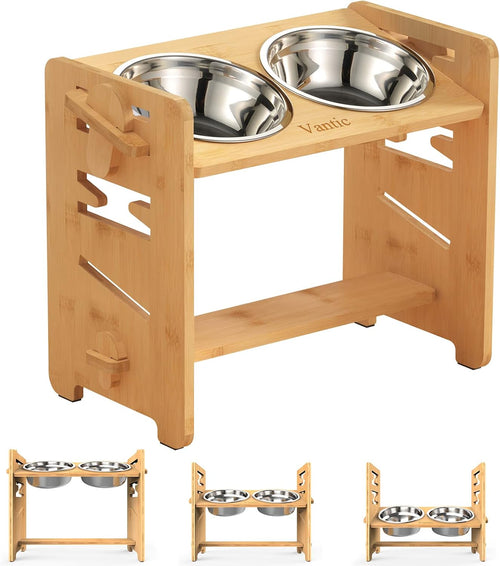 Comedero Elevado para Perros — Bambú Natural, Ajustable, 2 Boles Acero Inox